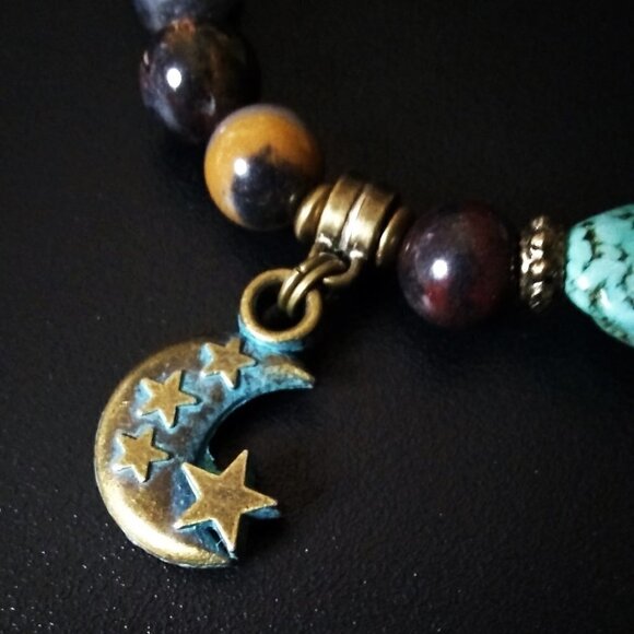 A Bit Hippie & A Bit Boho! Semi-Precious Stones Bracelet w. Moon Charm! 8" Wrist - Picture 9 of 13